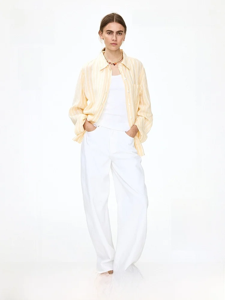 

H&M Women's Shirt 2026 Summer New Commuter Fashion Soft Linen Blend Shirt Casual Style Long Sleeve Button Pocket Design