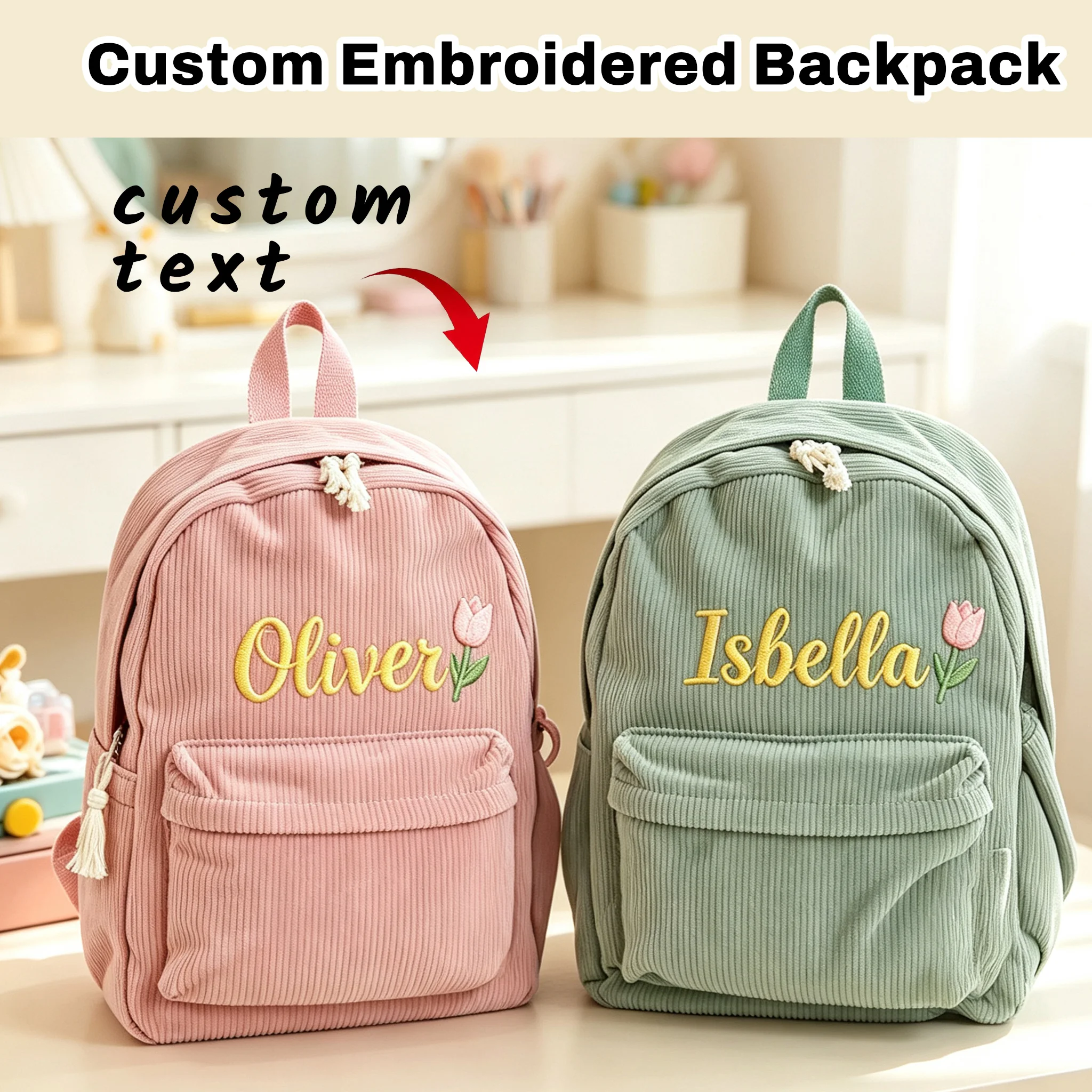 Custom Letter Embroidered Corduroy Backpack, large capacity, exquisite embroidery craftsmanship, various colors for selection,
