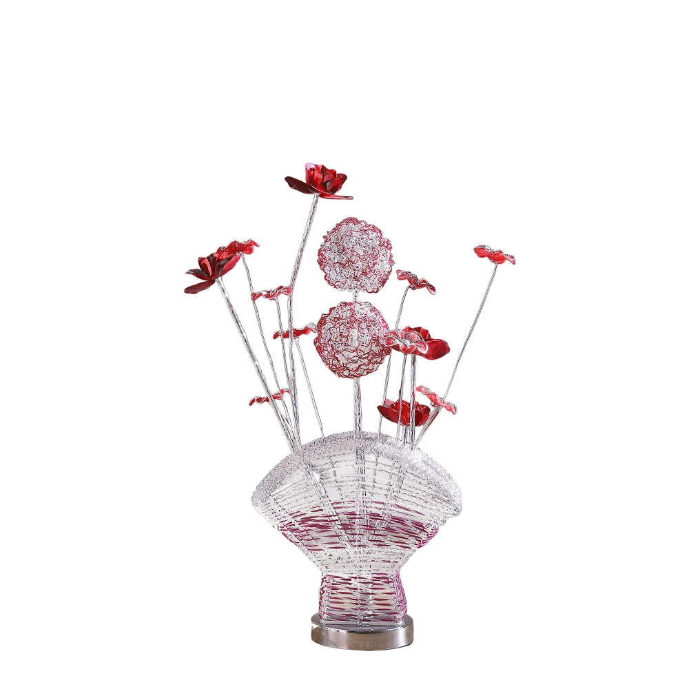 Aluminum 4 Red Roses 6 Petal Floral 2 Red/Silver Flower Bud on A Fan Aluminum Vase Table Lamp