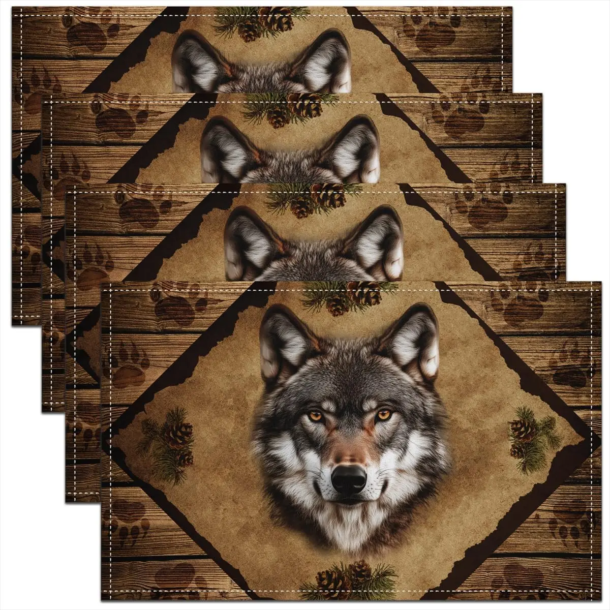 3D Wolf Head Print Placemats 12x18 Inch Set Of 4 Wild Animal Paw Print Lodge Cabin Kitchen Mats For Kids Teens Adults Pine Cones