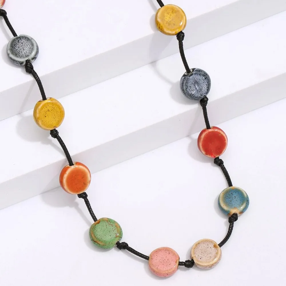 Colorful Ceramic Necklace Boho Style Handmade Adjustable Necklace Simple Woven Rope Sweater Chain Necklace Jewelry Accessories