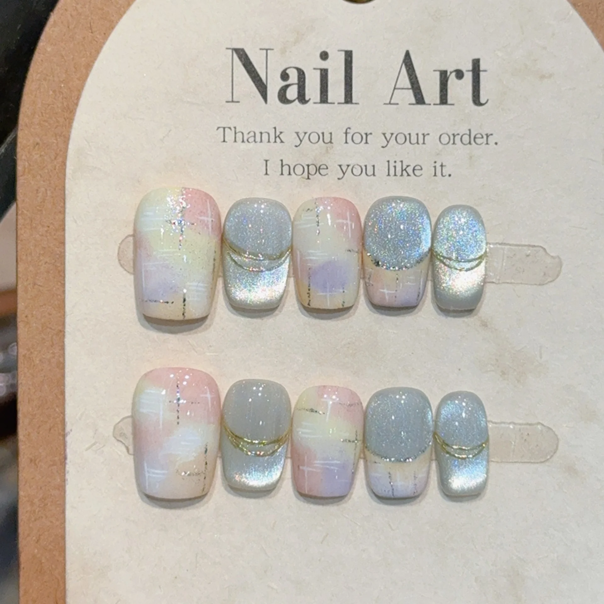 

10pcs Smudge Colorful Design Handmade Press on Nails Tips Finished Cat's Eye French Short Ballet Fake Nail Art Blue False Nails