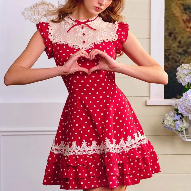 Francuska Słodka Sukienka Damska Długa w Czerwony Wzór w Kropki z Koronką, Oryginalna Nowość Lato 2025, Kokarda, Urocza, Odmładzająca Krótka Sukienka Damska
