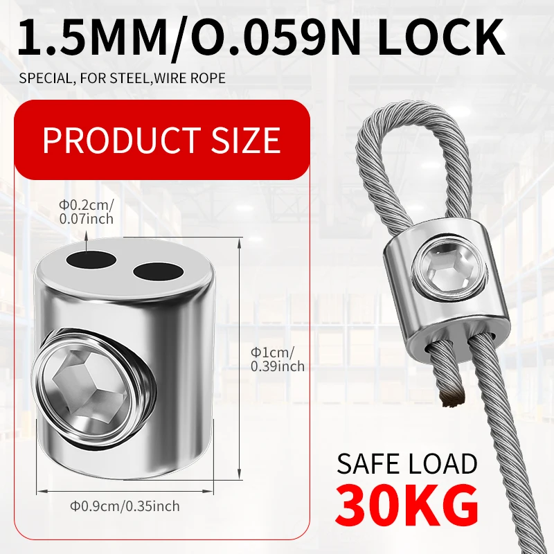 1.5mm cable clamp, stainless steel cable clamp, adjustable metal fixture, suitable for light string/picture hanging/rope fixing