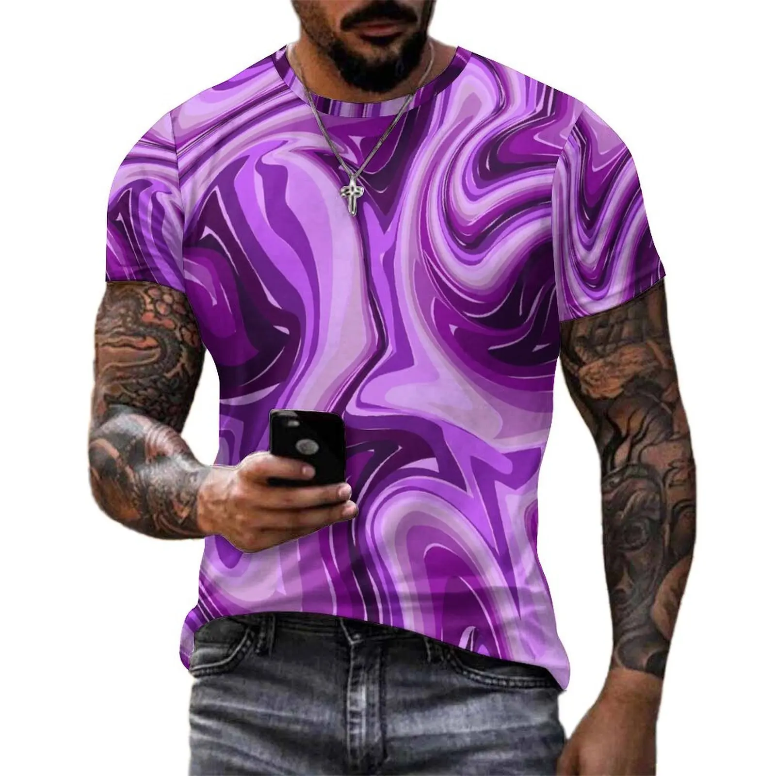 Purple Marble Print T-Shirt Liquid Hip Hop T Shirts Male Basic Tee Shirt Summer Short Sleeves Printed Clothes 4XL 5XL 6XL