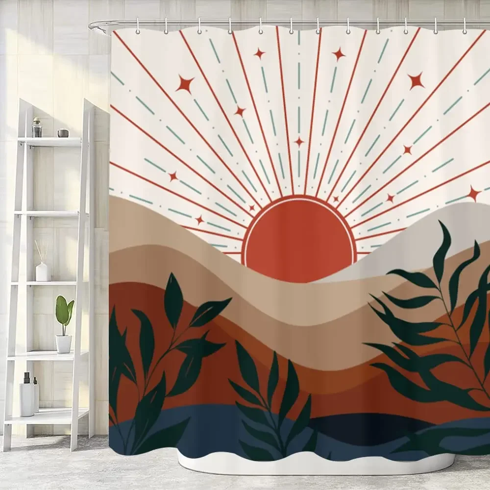 Mid Century Boho Mountain Shower Curtain Abstract Sunset Forest Modern Minimalist Bathroom Decoration Waterproof Fabric Screen