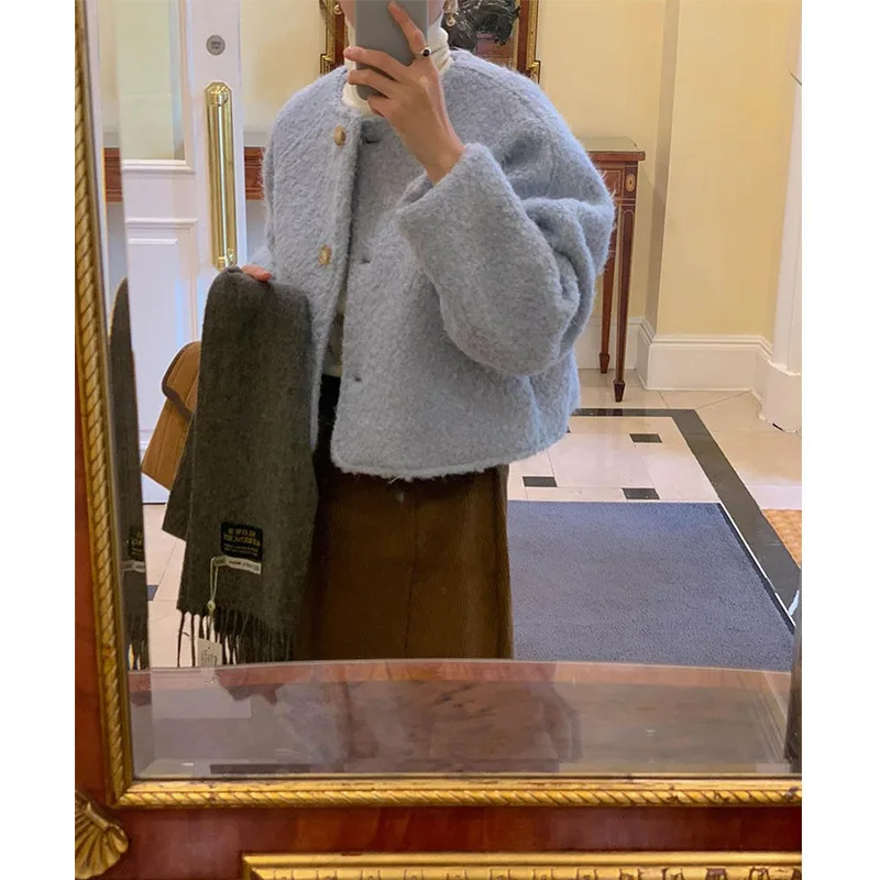 

Wool Solid Color Woolen Crop Jacket For Women