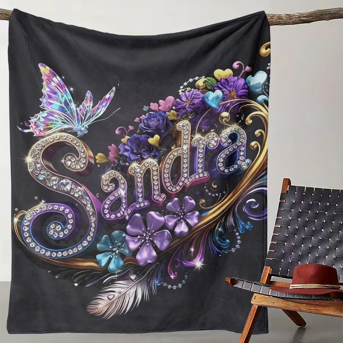 

1 Piece of Gorgeous Diamond Flower Butterfly Customized Name Blanket, Luxurious Art Home Decoration Blanket
