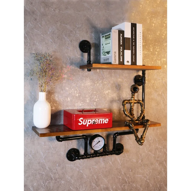 

Industrial style American retro water pipe wall shelf solid wood baffle creative decorative wrought iron wall hanging bookshelf