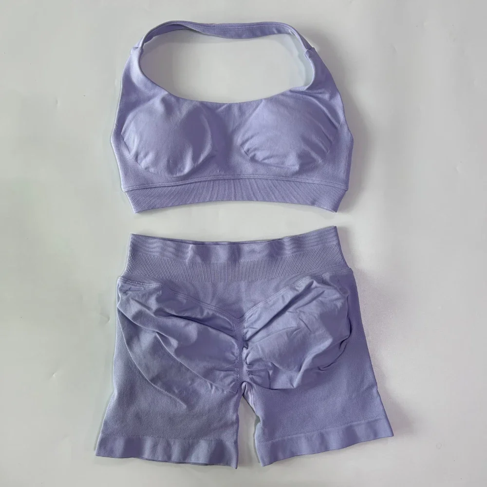 2-teiliges Set Damen Nahtloses Yoga-Set Workout-Sets Halter-Sport-BH Scrunch-Shorts Fitnessanzug Sportbekleidung – Detail 19