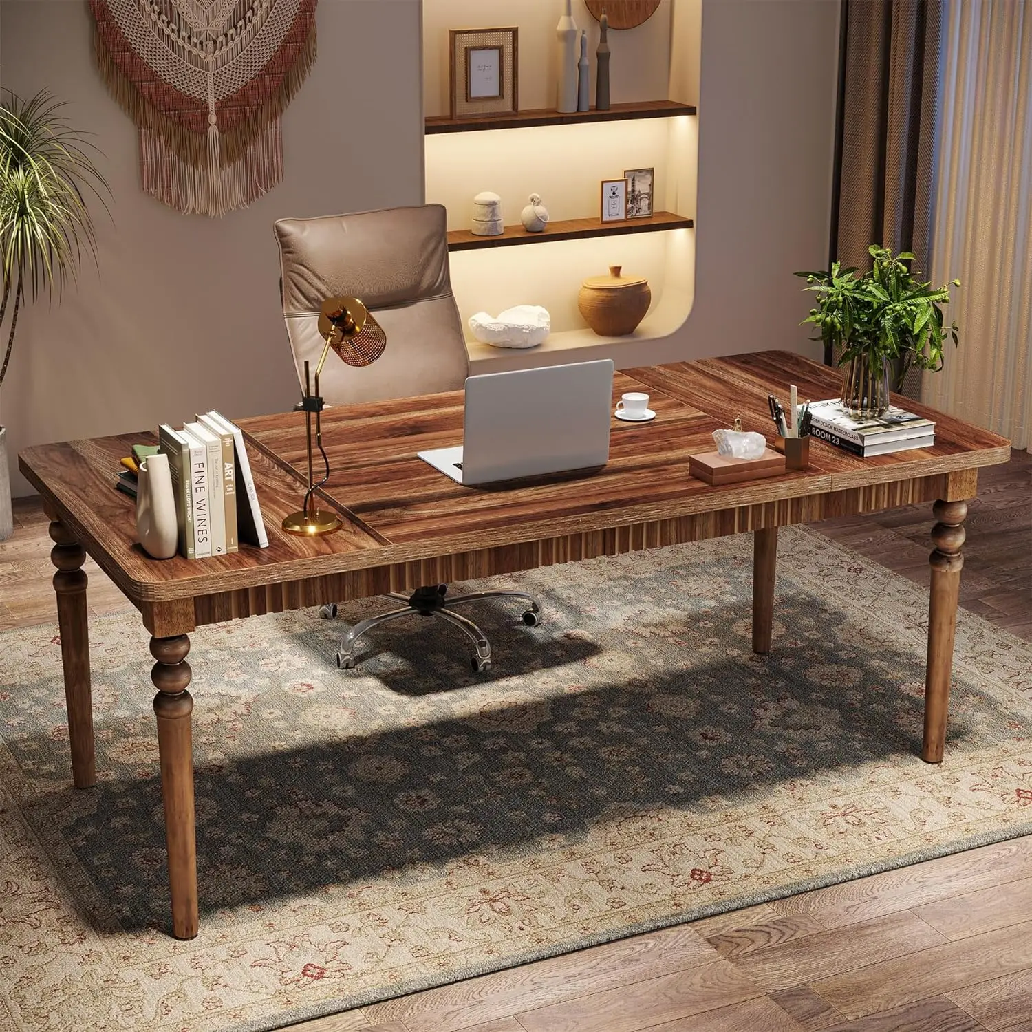 63-Inch Executive Desk, Large Office Computer Desk with Solid Wood Turned Legs, Farmhouse Study Writing Table Conference Table