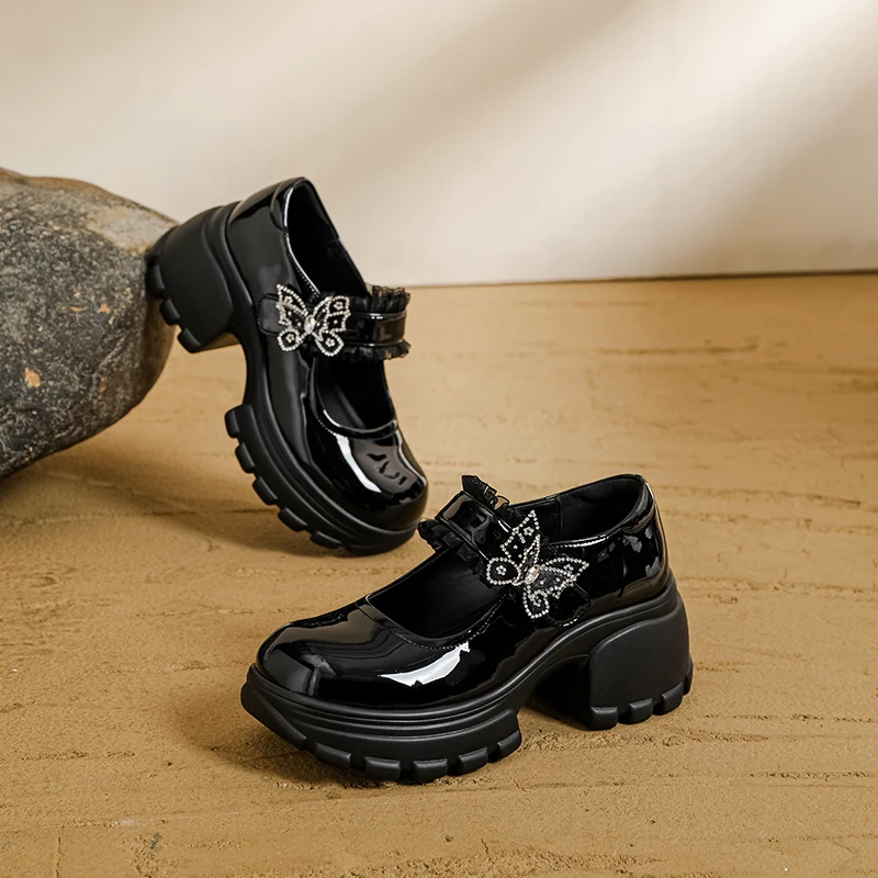 Sepatu Kulit Wanita dengan Renda Prancis dan Rok, Sepatu Mary Jane Bersol Tebal dengan Hak Tebal