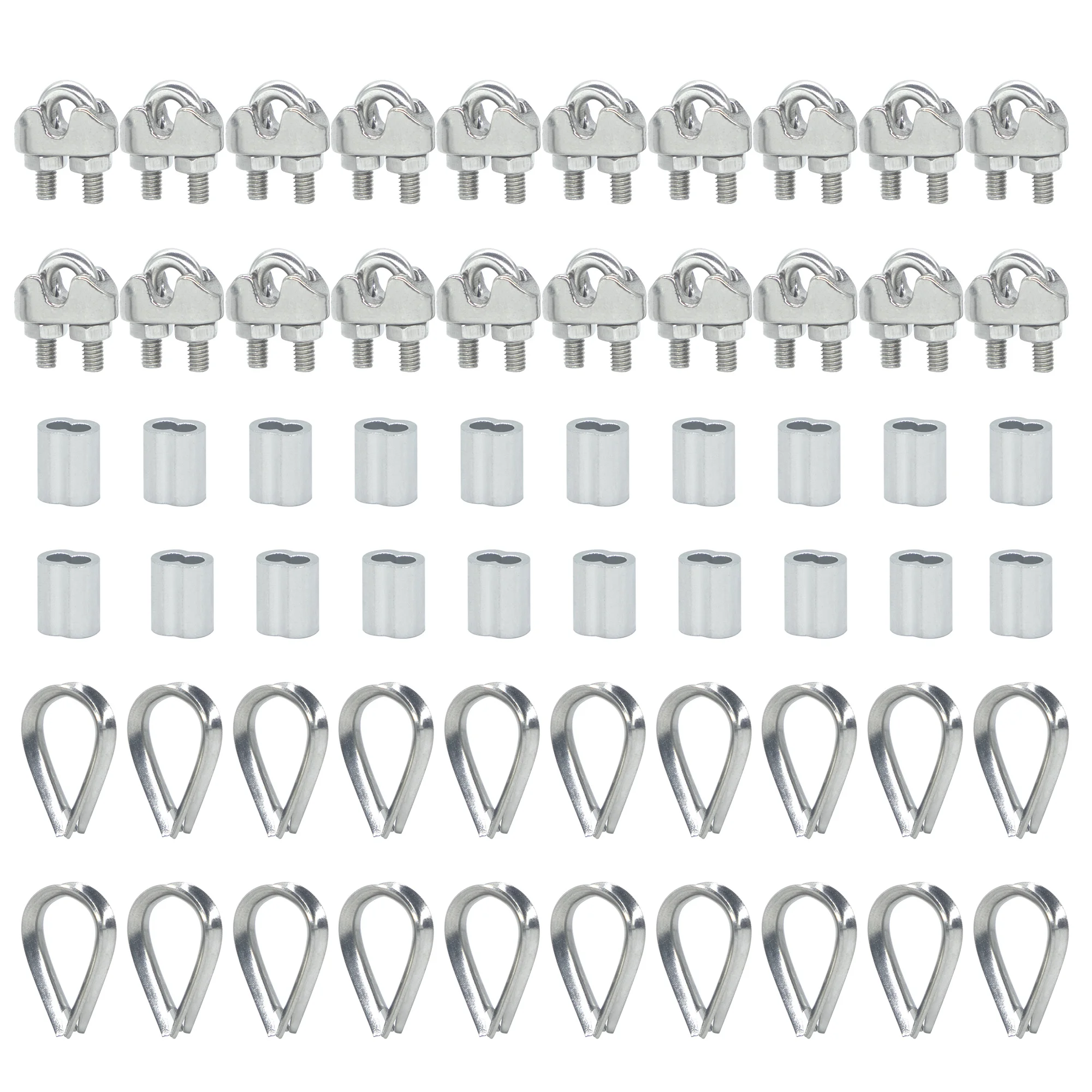 60PCS M3(1/8Inch) Stainless Steel Wire Rope Accessory Set Thimble and Steel Cable Clamp Set with Aluminum Crimping Ring