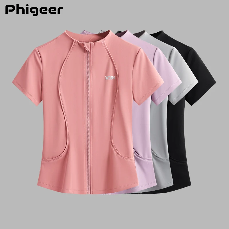 PHIGEER Women's Running Jacket Short Sleeve Quick Dry Fitness Top Sportswear Top Yoga Shirt Pocket Breathable Sport Jacket Golf