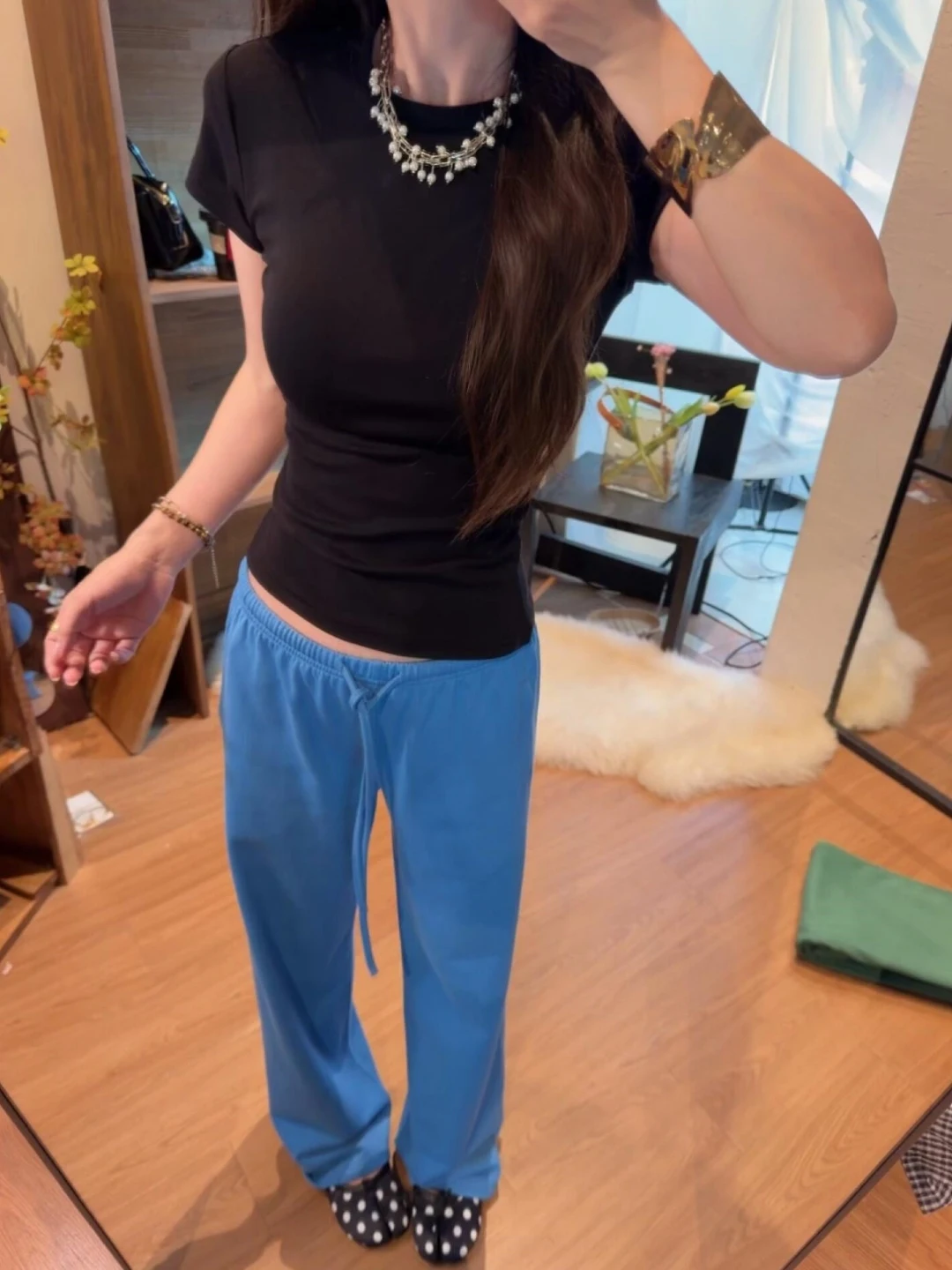Loose Straight Leg Casual Sports Pants Low Waist Blue for Taller Women 175 plus Size Comfortable Slimming Feeling