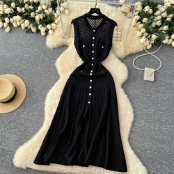 YuooMuoo 2025 Elegant Slim Knitted Maxi Dress Women French Sleeveless Single-breasted Black Bodycon Robes Lady Party Vestidos