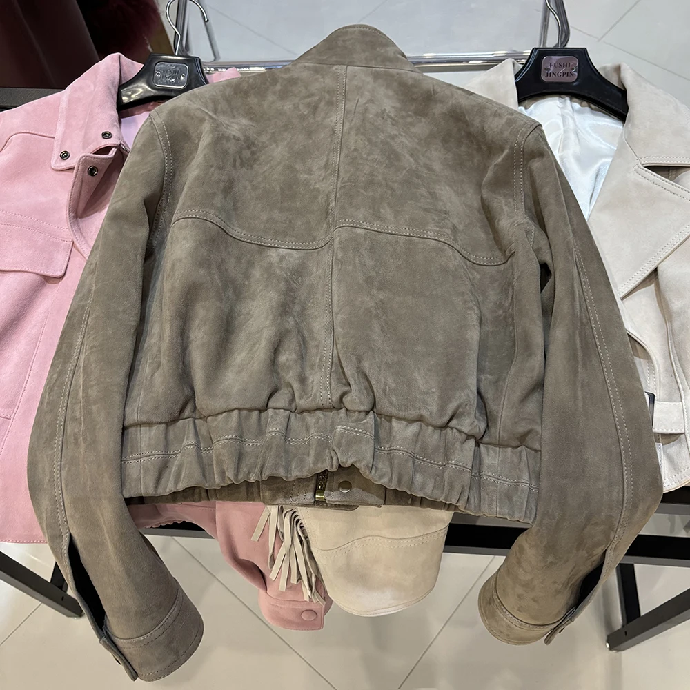 YOLOAgain 2026 Spring Short Suede Bomber Jacket Women Genuine Sheepskin Leather Jacket Ladies