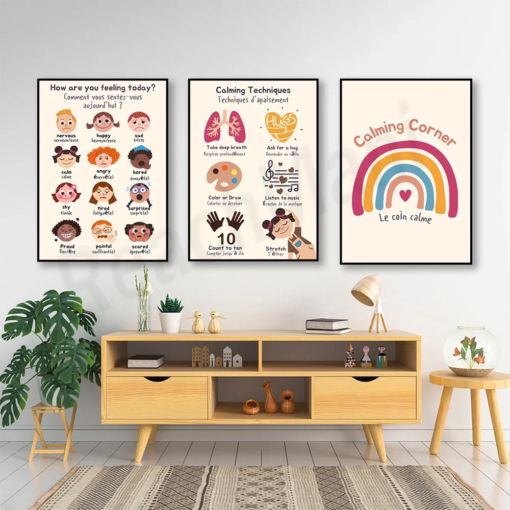 Bilingual French education poster, calm corner, mood poster, emotion regulation, calming techniques, calming techniques.