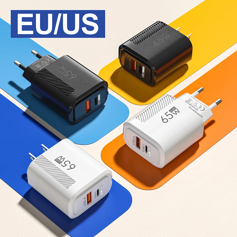 GaN 65W Dual Ports Charger 2 In 1 EU/US Plug USB Type C QC3.0 Charger Fast Charging Wall Charger Quick Charging Power Adapters