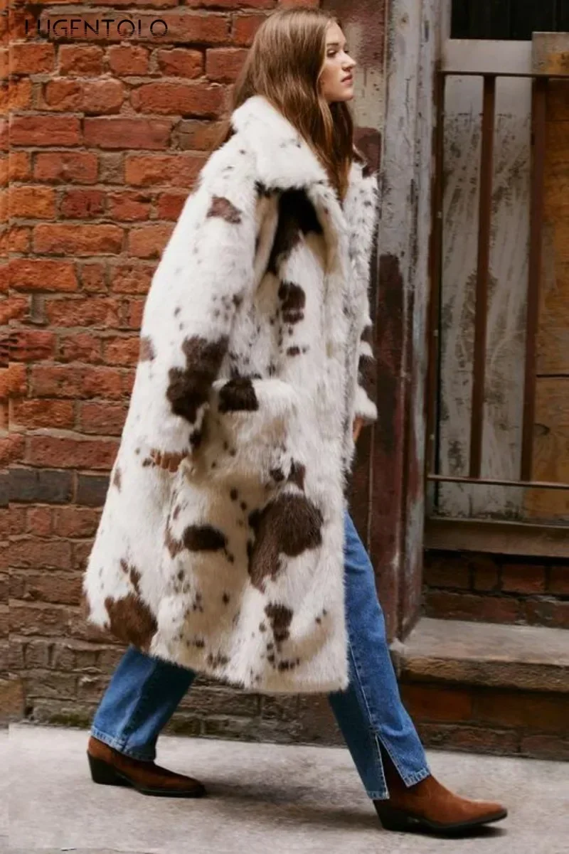 Women Faux Fur Cow Pattern Coat Warm New Autumn Winter Faux Fox Fur Lapel Lady Elegant Cardigan Pocket Outwear