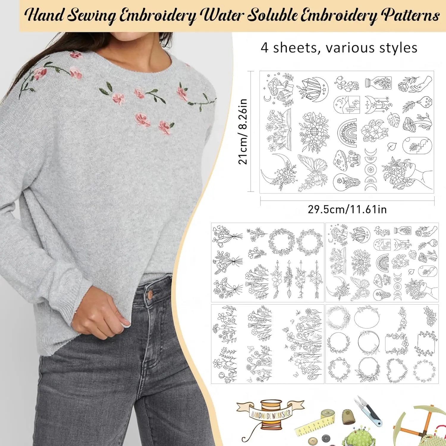 4 Sheets Water Soluble Stabilizer Embroidery Pattern, Sticky Instant Embroidery Paper Washable Butterfly flower