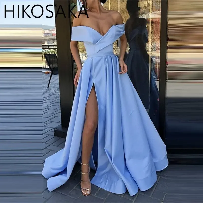 Customized Sexy Deep V Neck Long Party Dress Solid Elegant Sleeveless High Slit Dress Lady Fashion Off Shoulder Pleated Maxi Dre