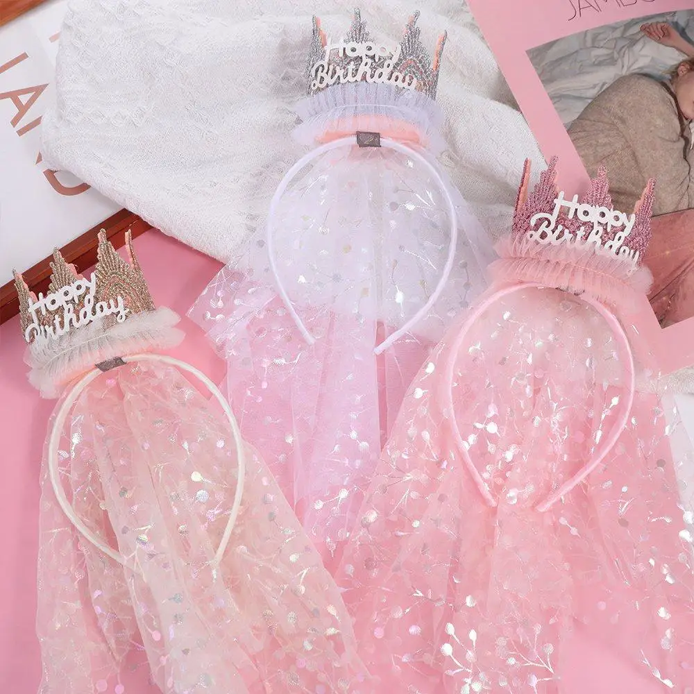 

Korean Style Crown Gauze Headband Hair Accessories Headwear Happy Birthday Hairband Photo Props Hair Decor Crown Hairband Girls