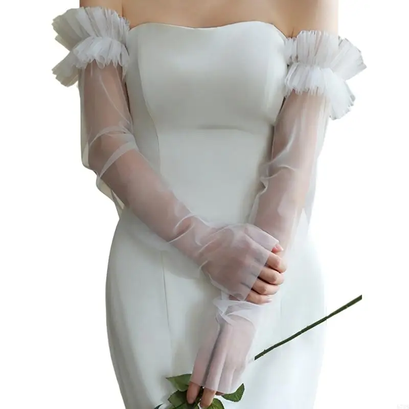 573B Guantes encaje elegantes con mangas transparentes para vestidos novia y ocasiones formales guantes hasta codo para