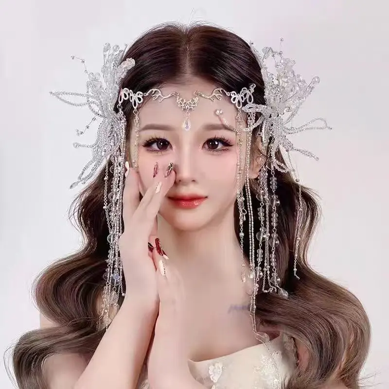 

Сказочные заколки для волос в корейском стиле, кружевные заколки ручной работы с кристаллами и бисером, украшение на лоб, украшение на голову для свадебных украшений