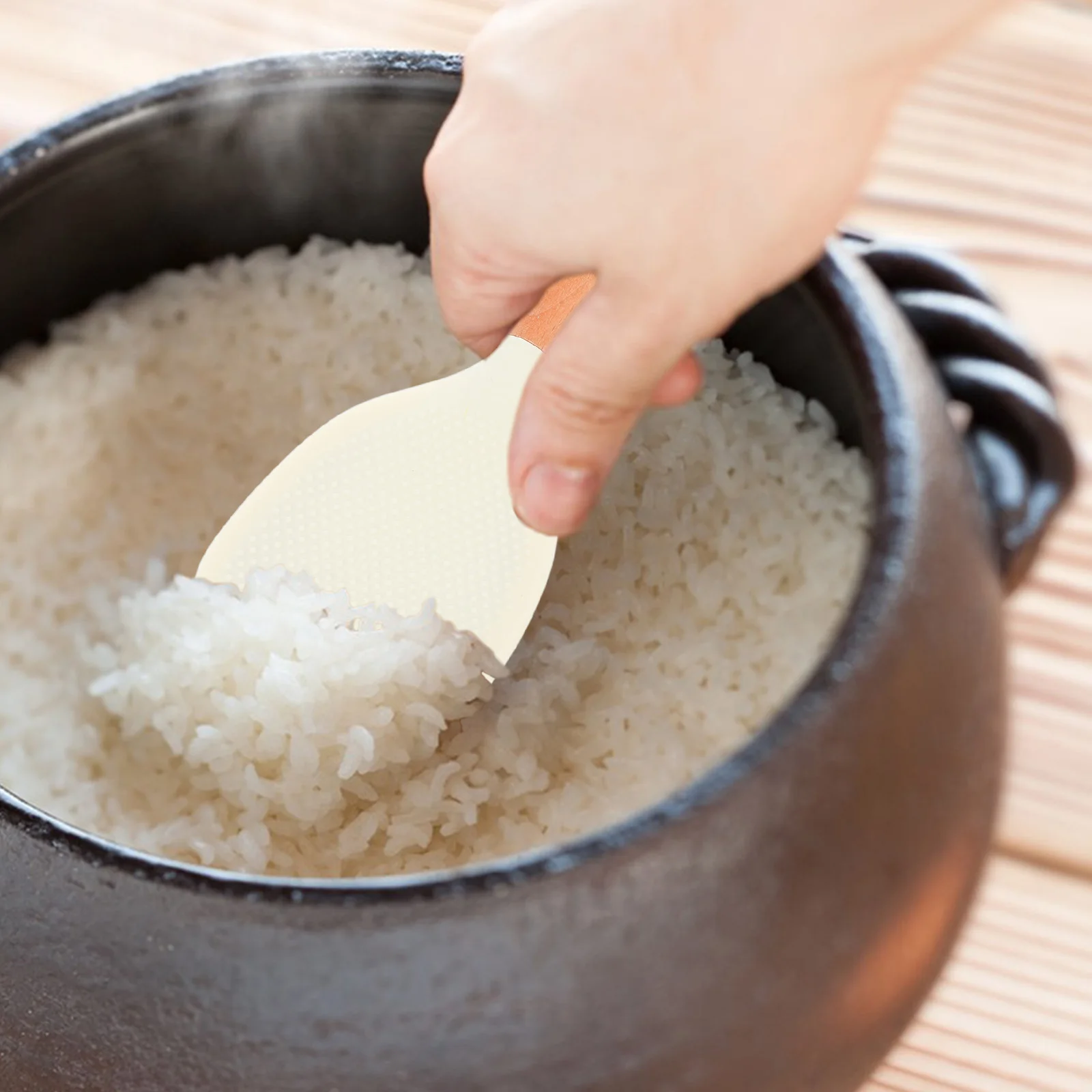 

Wooden Handle Silicone Rice Paddle Non-Slip Heat Resistant Stand-Up Design Nonstick Surface For Rice Cooker Kitchen Utensil