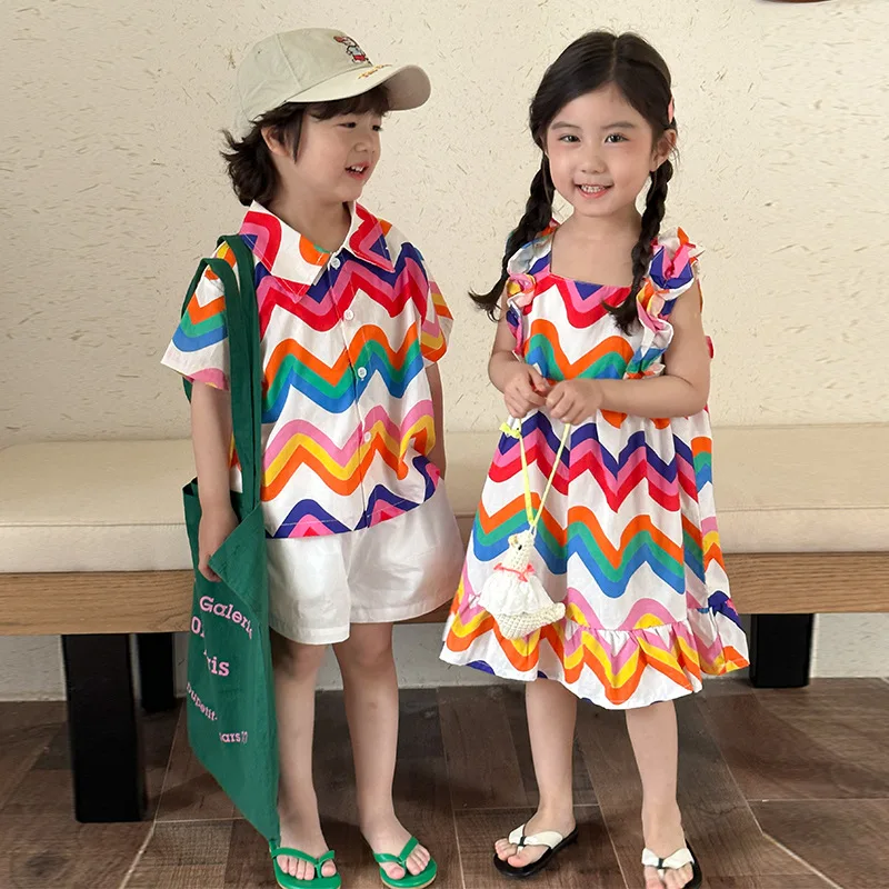 

Childrens Beach Clothes Boys Colorful Wavy Shirt Muslin Shorts 2pcs Vacation Style Kids Girls Dress Siblings Summer Outfit