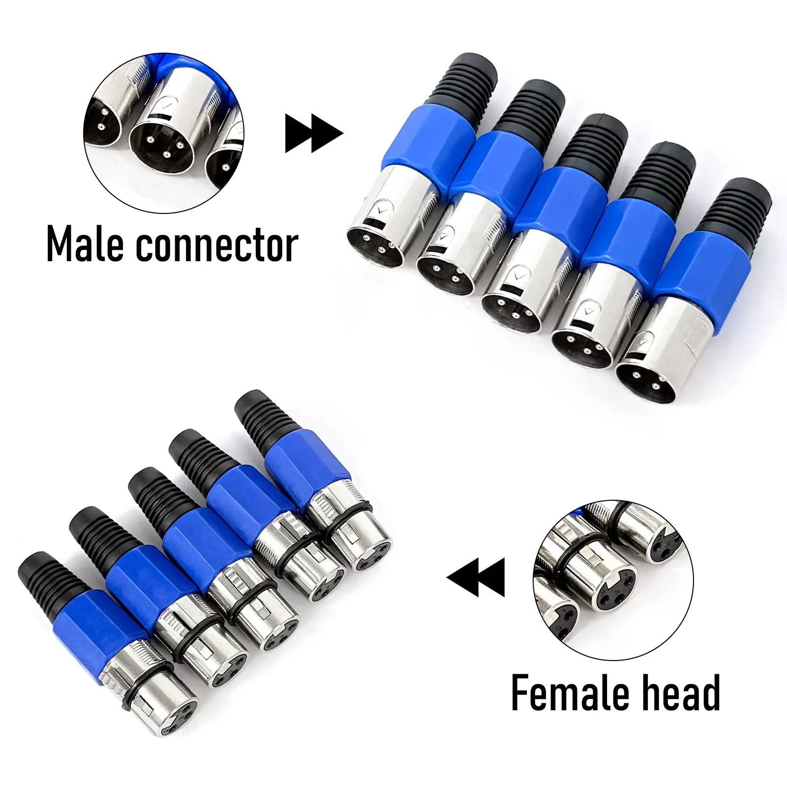 Professional 3 Pin XLR Connector Male/Female Set Nickel Plated Audio Adapter for Microphone Cable Mixer Stage Lighting