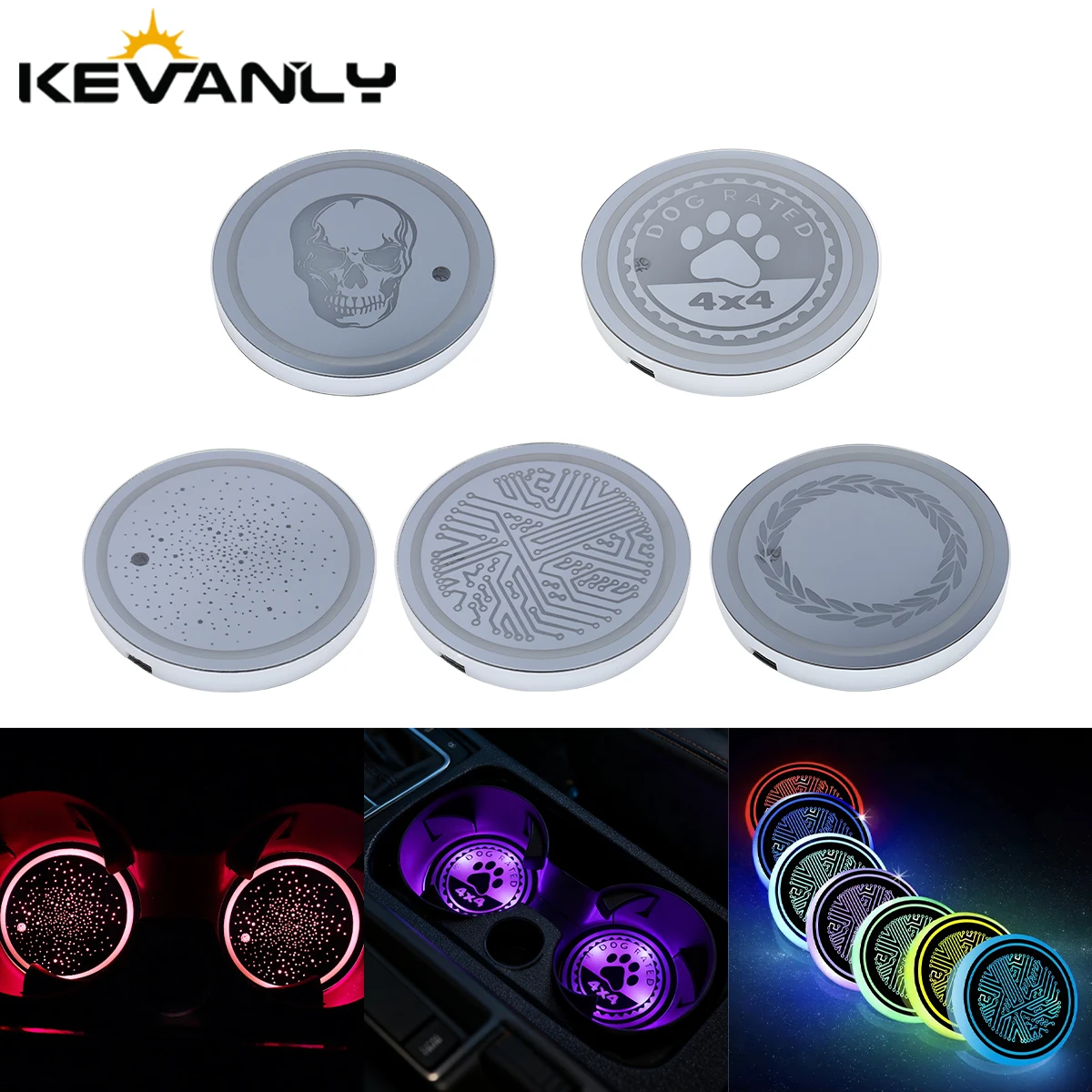 2PCS LED Cup Holder Lights for Car Rechargeable 7 Color-Changing Light Up Cup Holder Insert Coasters Car Accessories for Teens