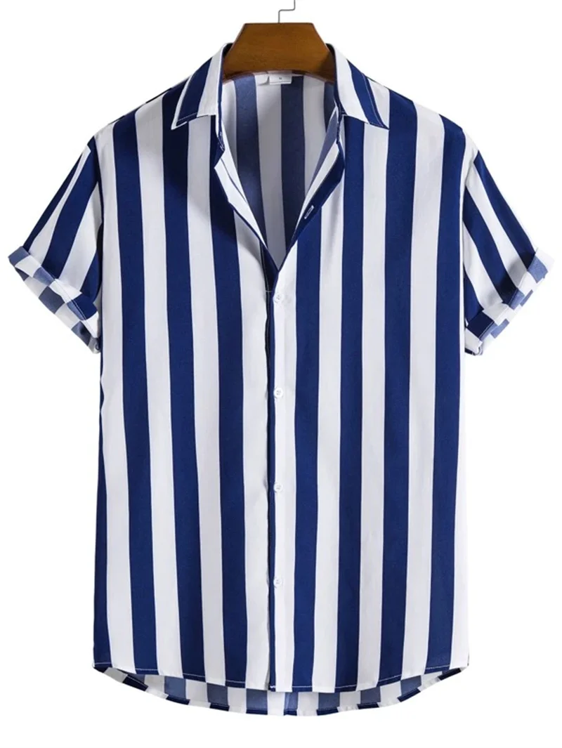 Camisa casual a rayas para hombre, traje de playa hawaiano con estampado minimalista, top de vacaciones, ropa de calle para hombre al aire libre de manga corta