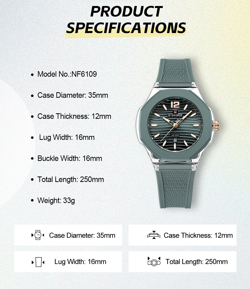 NAVIFORCE NF7127 ساعة نسائية أنيقة 5ATM مقاومة للماء بحزام سيليكون وعرض التاريخ وإضاءة ليلية للسيدات ساعة كلاسيكية #2