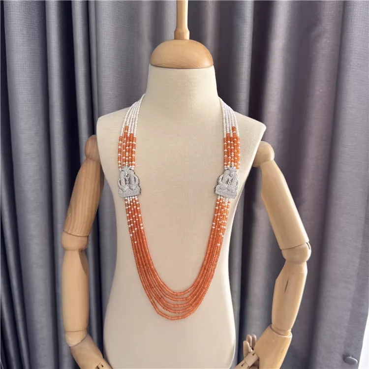 New Natural Pearl With Orange Jade Multi-Layer  Sweater Necklace for Women