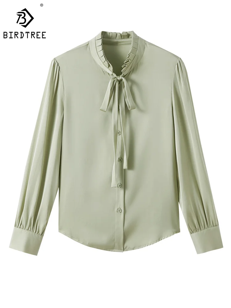 

BirdTree 91.2% Real Silk Shirt for Women, V-Neck Long Sleeve Ruffles, Elegant Fashion Chic Blouse, 2024 Spring New Top T42864QM