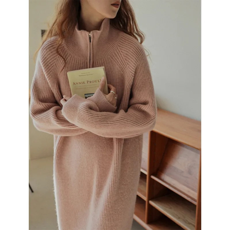 New High Quality Sweater Dress for Women Knee-length Solid Color O-Neck Pullover Thick Autumn and Winter Brief Red Apricot Black