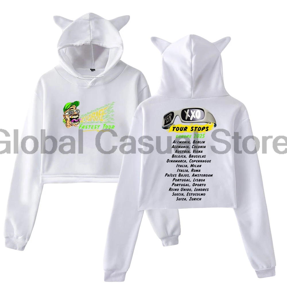 Feid Ferxxo Europe Fastest Tour Hoodie Female Cat Ears Hooded Sweatshirts Long Sleeve Crop Top Women's Clothes