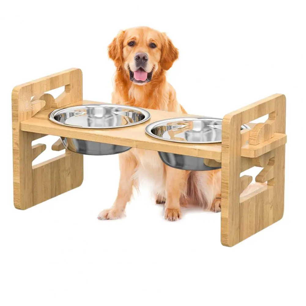 Wooden Pet Bowl Holder Adjustable Elevated Pet Bowl Stand with Tilted Platform Non-slip Feeder for Cats Dogs for Arthritis