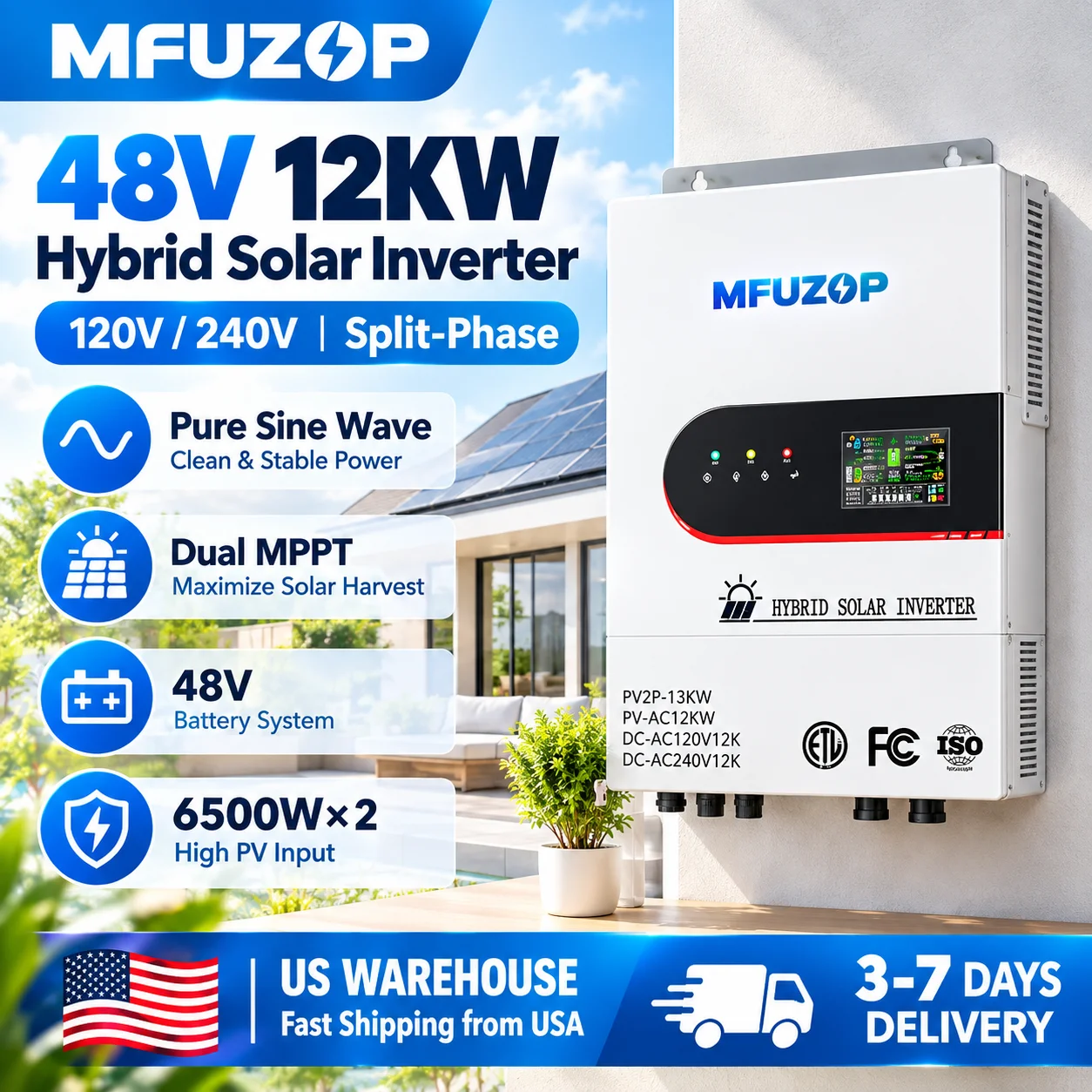 MFUZOP 48V 12000W Split Phase Hybrid Solar Inverter, 120V/240V Pure Sine Wave, Dual MPPT, 6500W X 2, RS485/RS232, Home Energy Storage & Off-Grid Power, US Store Fast Delivery