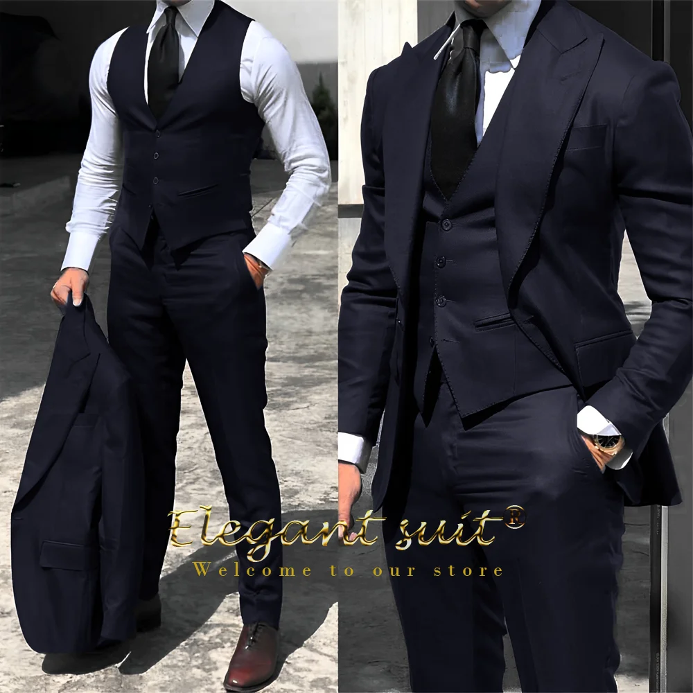 Men\'s business grey suit 3-piece set (jacket + vest + trousers) advanced custom men\'s slim office formal suit set