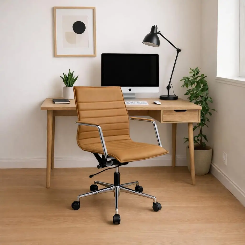 Set of 2 Modern Office Desk Chairs Mid Back Ribbed PU Leather Conference Task Chairs with Swivel Tilt & Adjustable Height, Beige