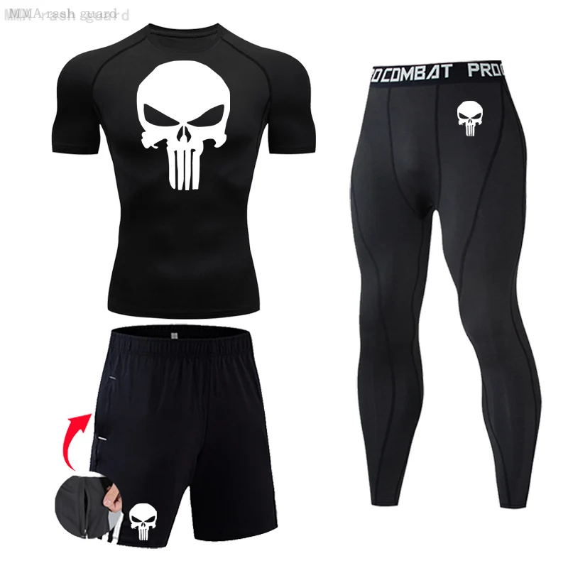 

Men Skull Compression set MMA Short Sleeve T-shirt Men's Sport Tights Pants Fitness Bodybuilding Clothes work out Running Suit