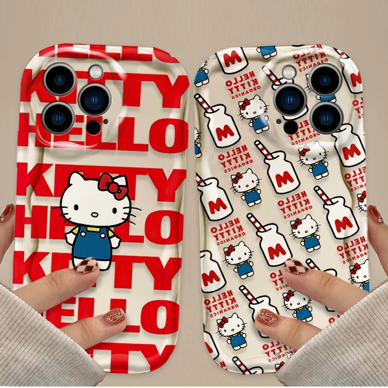 Cute Cartoon Hello Kitty 3D Wave Case For iPhone 16 15 14 13 12 11 Pro Max X XR XS 8 7 Plus SE 2020 Shockproof Silicone PC Cover