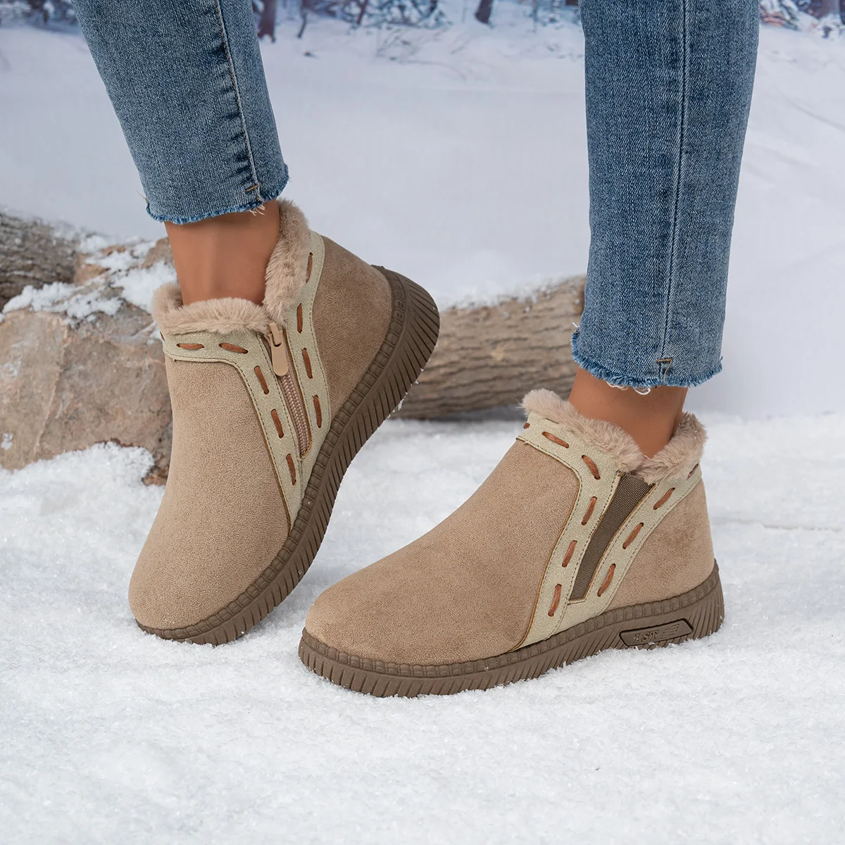 Winter Women's Faux-Leather Snow Boots, with Plush Lining and Side Zippers, Comfortable Everyday Casual Women's Ankle Boots