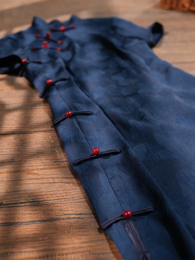 

Синий молодежный китайский традиционный костюм с коротким рукавом, тонкий, повседневный, летний, модный