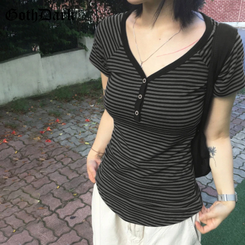 Goth Dark Casual Women Short Sleeve Striped T-shirts Y2K Fashion V-neck Button-up T-Shirt E-girl Slim Basic Tops Mall Goth Cloth