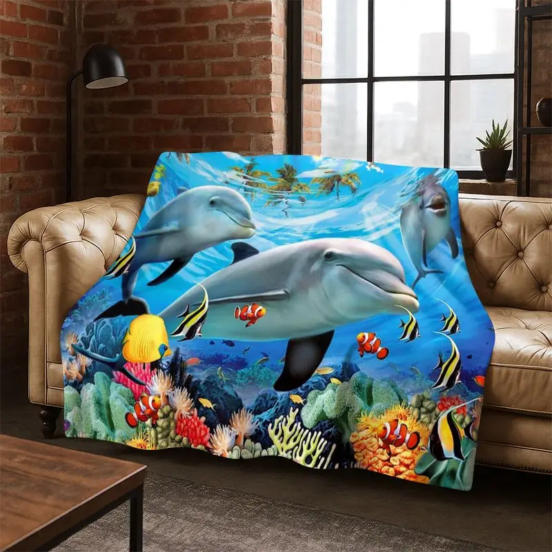 Underwater Sea World Marine Life Cartoon  Flannel Blanket Soft Throw Blanket for Bedroom Living Room Bed Travel Camping Picnic