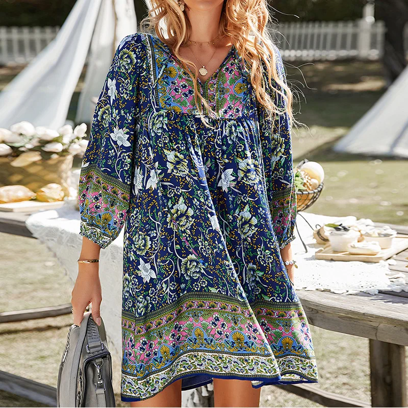 Mini abito estivo da donna Boho Sexy scollo a V manica corta stampato floreale vestito estivo da spiaggia Abiti casual eleganti vintage bohémien